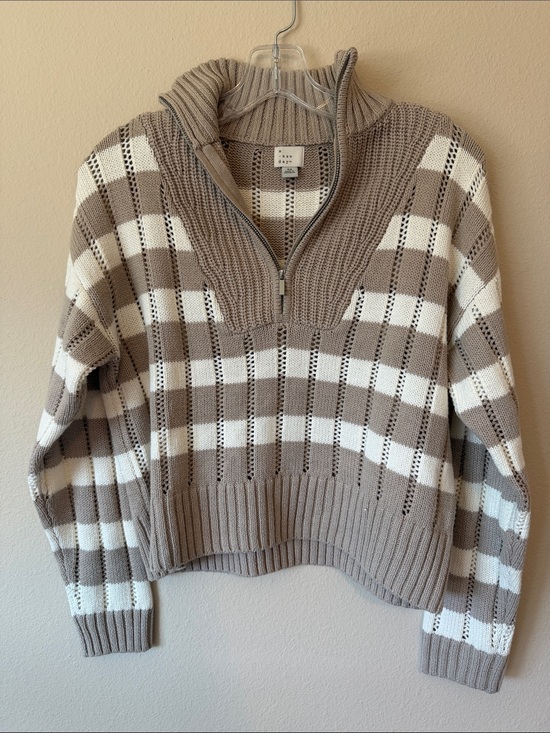 a new day Sweaters - a new day Taupe and Cream Half-Zip Cowl Sweater